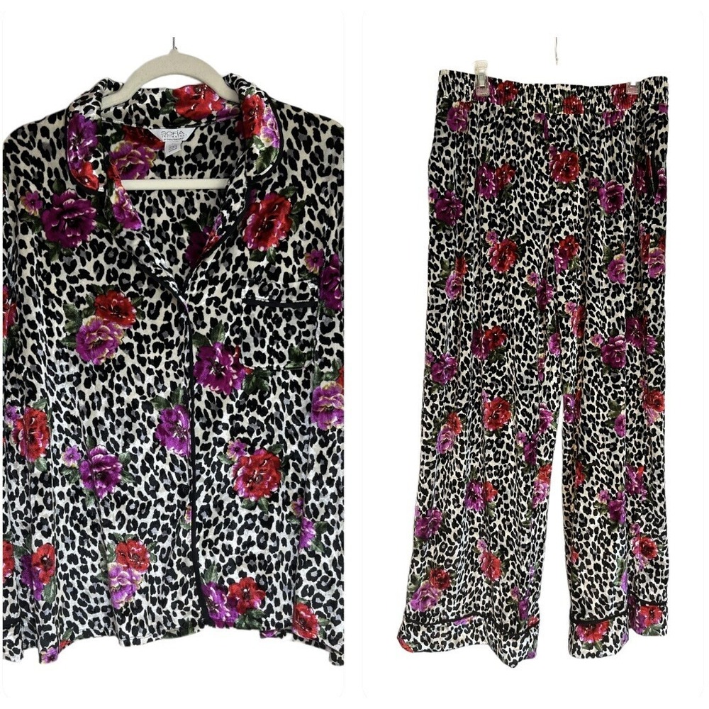 Sofia Intimates By Sofia Vergara Leopard Floral Velour Women's Pajama Set Sz XL‎